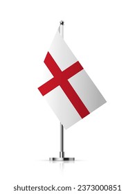 Bandera de Inglaterra sobre la ilustración vectorial del poste. asta de bandera blanca y roja 3D realista y blanca aislada sobre fondo blanco. Soporte vertical, personal de escritorio. Cruz de San Jorge con palo de metal.