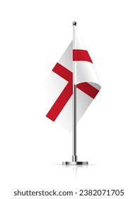 Bandera de Inglaterra sobre la ilustración vectorial del poste. asta de bandera blanca y roja 3D realista y blanca aislada sobre fondo blanco. Soporte vertical, personal de escritorio. Cruz de San Jorge con palo de metal.