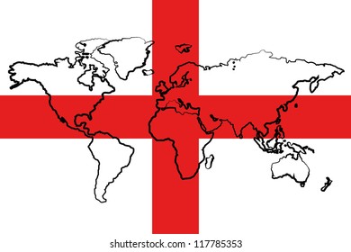 The flag of England with the outline of the world