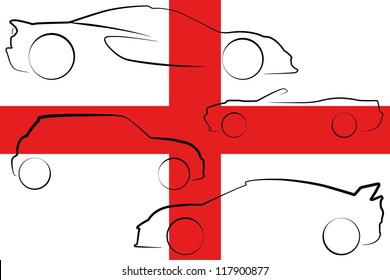 The flag of England with the outlines of many cars of different types