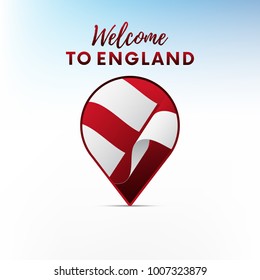 Flag of England in shape of map pointer or marker. Welcome to England. Vector illustration.