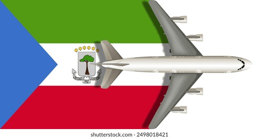 Flag of EQUATORIAL GUINEA with an airplane flying over it close up. Vector image.