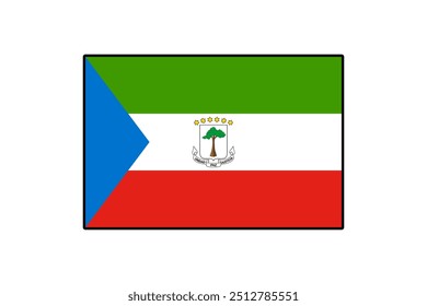 La bandera de Guinea Ecuatorial presenta tres franjas Horizontales de color verde, blanco y rojo, con un triángulo azul en el lado izquierdo. El escudo de armas está centrado en la franja blanca.