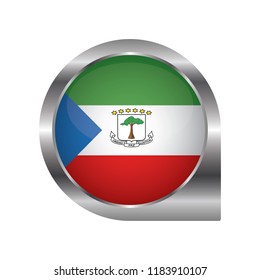 Flag of Equatorial Guinea, location map pin, pointer flag, button with the reflection of light and shadow, silver frame, Icon country. Realistic vector illustration on white background.