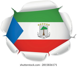 Flag of Equatorial Guinea. Flag Revealed Through Torn Paper Hole with Realistic Curled Edges over a transparent background. The ripped edges curl outward with realistic shadows and depth, creating a striking reveal effect