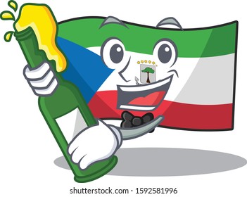 Flag equatorial guinea Scroll with bottle of beer mascot cartoon style