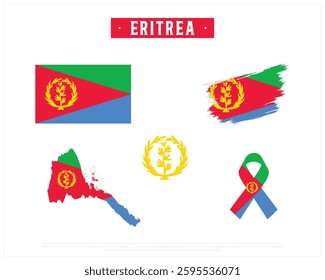 Flag of ERITREA, Brush style flag, Ribbon flag of ERITREA, and Map of ERITREA with flag in it on a white background, Independence Day,  Eritrea representative elements