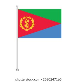 The flag of Eritrea, featuring a red triangle, green upper triangle, and blue lower triangle, with a golden olive wreath and branches.