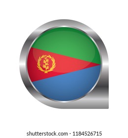 Flag of Eritrea, location map pin, pointer flag, button with the reflection of light and shadow, silver frame, Icon country. Realistic vector illustration on white background.