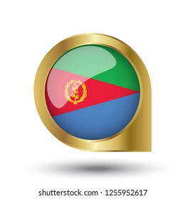 Flag of Eritrea, location map pin, pointer flag, button with the reflection of light and shadow, gold frame, Icon country. Realistic vector illustration on white background.