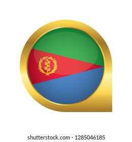 Flag of Eritrea, location map pin, pointer flag, button with the reflection of light and shadow, gold frame, Icon country. Realistic vector illustration on white background.
