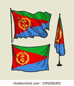 Flag of Eritrea on the wind and on the wall - vector drawing illustration set