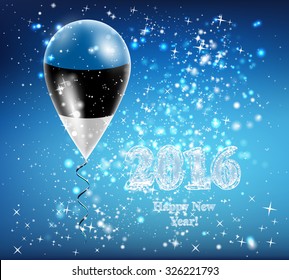 Flag of Estonia in a balloon. The celebration and gifts on Happy New Year. Merry Christmas. The sky sparkles with stars and snowflakes. Image. Vector. Icon.