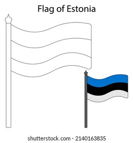 Flag of Estonia. Color the flag according to the given example. Vector illustration. Coloring book. The fabric is decorated with three stripes. The national symbol of the state develops in the wind. 