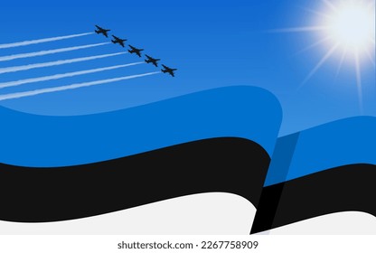 Flag of Estonia and a fighter plane formation flying in the sky. 20th August Independence day Estonia. Military aviation in the blue sky. Vector illustration