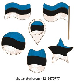 Flag of Estonia Made in Different Variations, as Flag with and without Stick, in a Circle, as a Shield, Star and Map Pointer. Flag Shapes with Contours, Decorated with Dotted Stitch and Brush Texture.