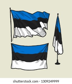 Flag of Estonia on the wind and on the wall vector drawing illustration set
