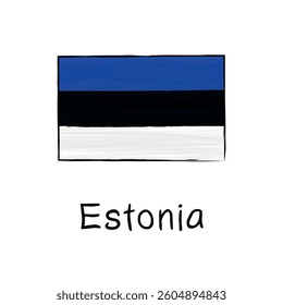 Flag of Estonia with outline and signature on a white background. Hand-drawn vector illustration in sketch style. Isolated image, perfect for posters, web design, education, infographics, prints