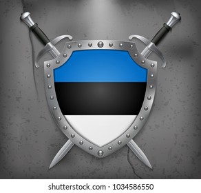 Flag of Estonia. The Shield with National Flag. Two Crossed Swords. Vector Medieval Background