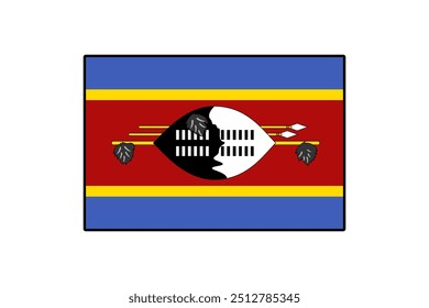 The flag of Eswatini features a bold design with a central black and white shield, flanked by colorful horizontal stripes representing the nation's heritage and identity.