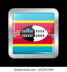 Flag of Eswatini. Glossy and Metal Icon Square Shape. Vector Button