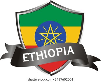 Flag of ethiopia as around the metal silver shield with ethiopia flag