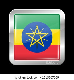 Flag of Ethiopia. Glossy and Metal Icon Square Shape. Vector Button