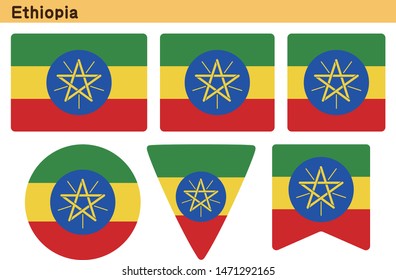 Flag of Ethiopia. Flag icon set of six different shapes. Vector Illustration.
