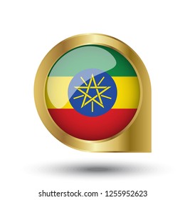 Flag of Ethiopia, location map pin, pointer flag, button with the reflection of light and shadow, gold frame, Icon country. Realistic vector illustration on white background.
