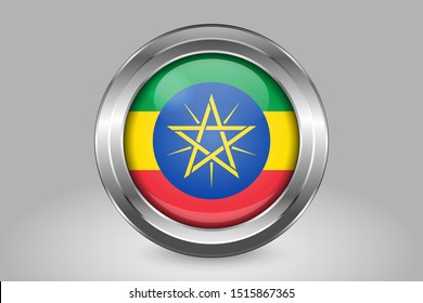 Flag of Ethiopia. Metal and Glass Round Vector Icon. Isolated on Gray