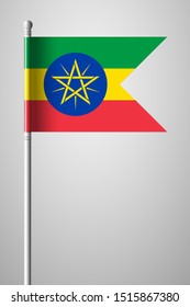 Flag of Ethiopia. National Flag on Flagpole. Isolated Illustration on Gray Background