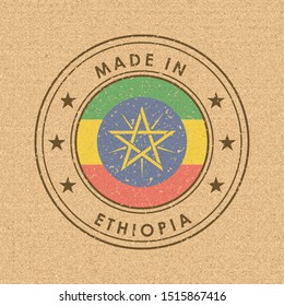 Flag of Ethiopia. Round Label with Country Name for Unique National Goods. Vector Isolated