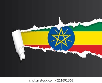 Flag of Ethiopia under ripped paper vector illustration.