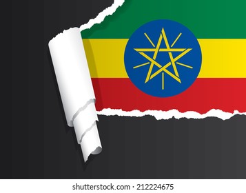 Flag of Ethiopia under ripped paper vector illustration.