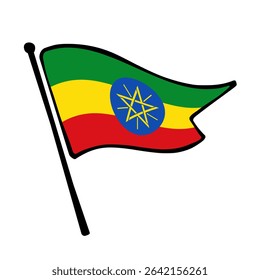 Flag of Ethiopia. Ethiopia flag vector illustration icon design in the hand-drawn style. Fluttering flagpole flag.