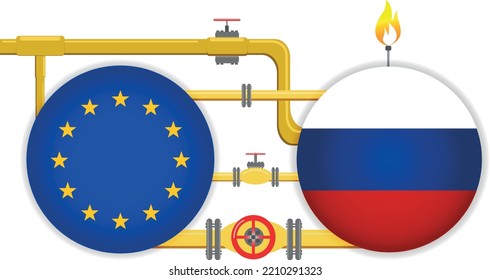 Flag Of EU Europe And Russian Federation On The Background Of Gas Pipes, Gas Rig Connector Net  Vector. The Concept Of Monopoly And Dependence Of Europe In The Gas Market