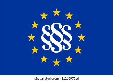 The flag of the EU with paragraph marks, law symbols.