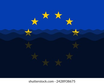 Flag of EU sinking under dark water as metaphor of collapse, disintegration, degradation, decline and deterioration of European Union. Vector illustration.