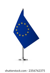 Flag of Euro on pole vector illustration. 3D realistic European Union flagpole on mini steel vertical stand, isolated desktop EU flagstaff, blue flag of Europe with circle of stars on metal stick.