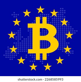 Flag of Europe with Bitcoin symbol inside. Europe transparent map