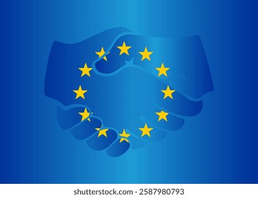 Flag of Europe. Symbol of the European Union Circle of bright, golden stars isolated on a blue background, handshake, friendship, cooperation, communication, cooperation, protection