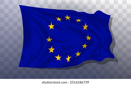 Bandera de la Unión Europea, 3d realista render sobre un fondo transparente. La bandera se tuerce en el viento, sombras realistas y luz. Señal oficial de la Europa unida.