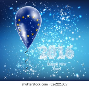 Flag of European Union in a balloon. The celebration and giftsn on Happy New Year. Merry Christmas. The sky sparkles with stars and snowflakes. Image. Vector. Icon.