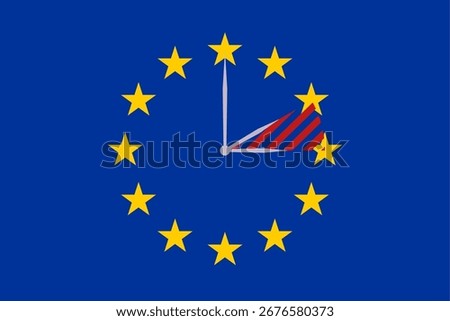 Flag of the European Union with clock hands indicating the clock change for daylight-saving time.