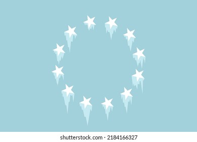 Flag of European Union and EU is frozen, stars with icicle - cold temperature, freeze and ice in Europe in winter and wintertime. Vector illustration.