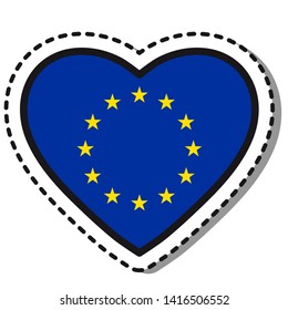 Flag European Union heart sticker on white background. Vintage vector love badge. Template design element. National day. Travel sign.