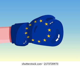 Flag of European Union on boxing glove. Confrontation between countries with competitive power. Offensive attitude. Separation of power. Template ready design.