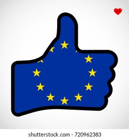 Flag of European Union in the shape of Hand with thumb up, gesture of approval, meaning Like, vector finger sign, flat design illustration.