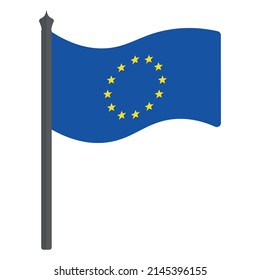 Flag of the European Union. Vector illustration. The fabric canvas is decorated with twelve stars in a circle. The national symbol of the states develops in the wind. Flat style. Isolated background. 