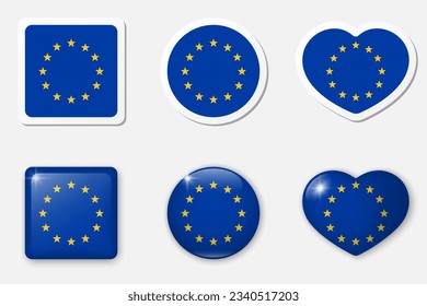 Flag of Eurounion icons collection. Flat stickers and 3d realistic glass vector elements on white background with shadow underneath.